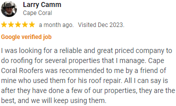 Cape Coral Roofers review from google